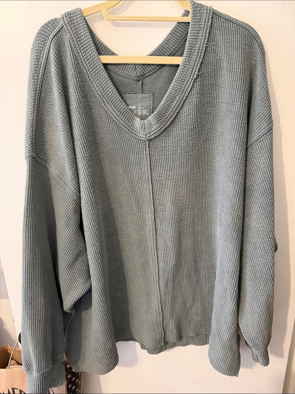 aerie Relaxed V-Neck Ribbed Sweater — Sage Green